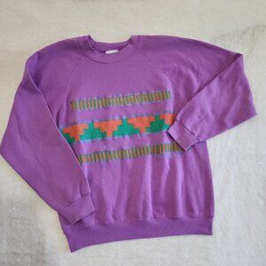 Vintage Purple Crewneck Sweatshirt with Green and Orange Geometric Stripe